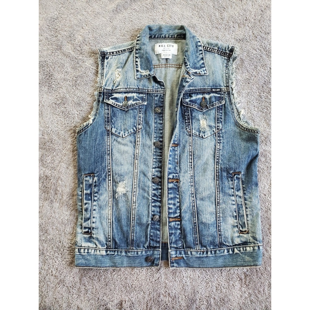 Kill City Jean Vest Jacket Mens M Blue Mid Wash Sleeveless Biker Punk Rock Art